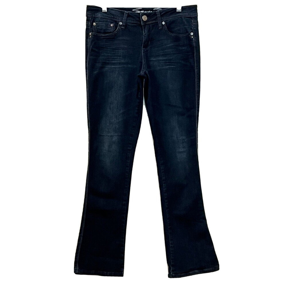 Seven7 Rocker Womens Slim Jeans Size 8 Dark Blue Rhinestones on Back Pockets